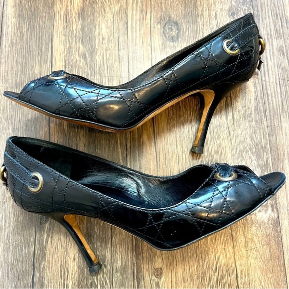 Christian DIOR Vintage Cannage High Heel Black Patent Leather Peep Toe Pumps 8.5 - Picture 15 of 17